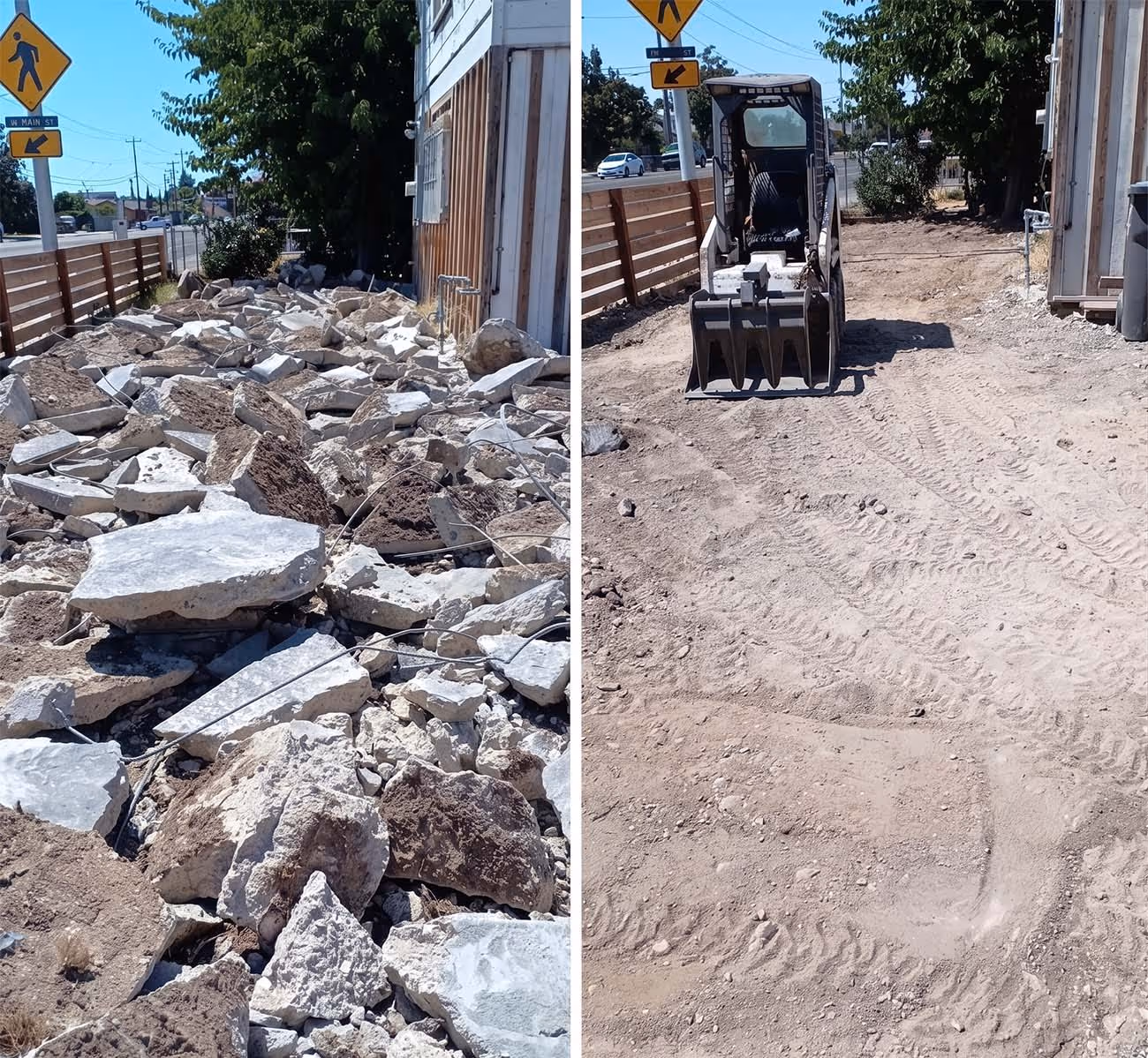 Side-by-side before and after images showing a construction site with broken concrete rubble on the left and cleared, leveled soil with a skid steer loader on the right.